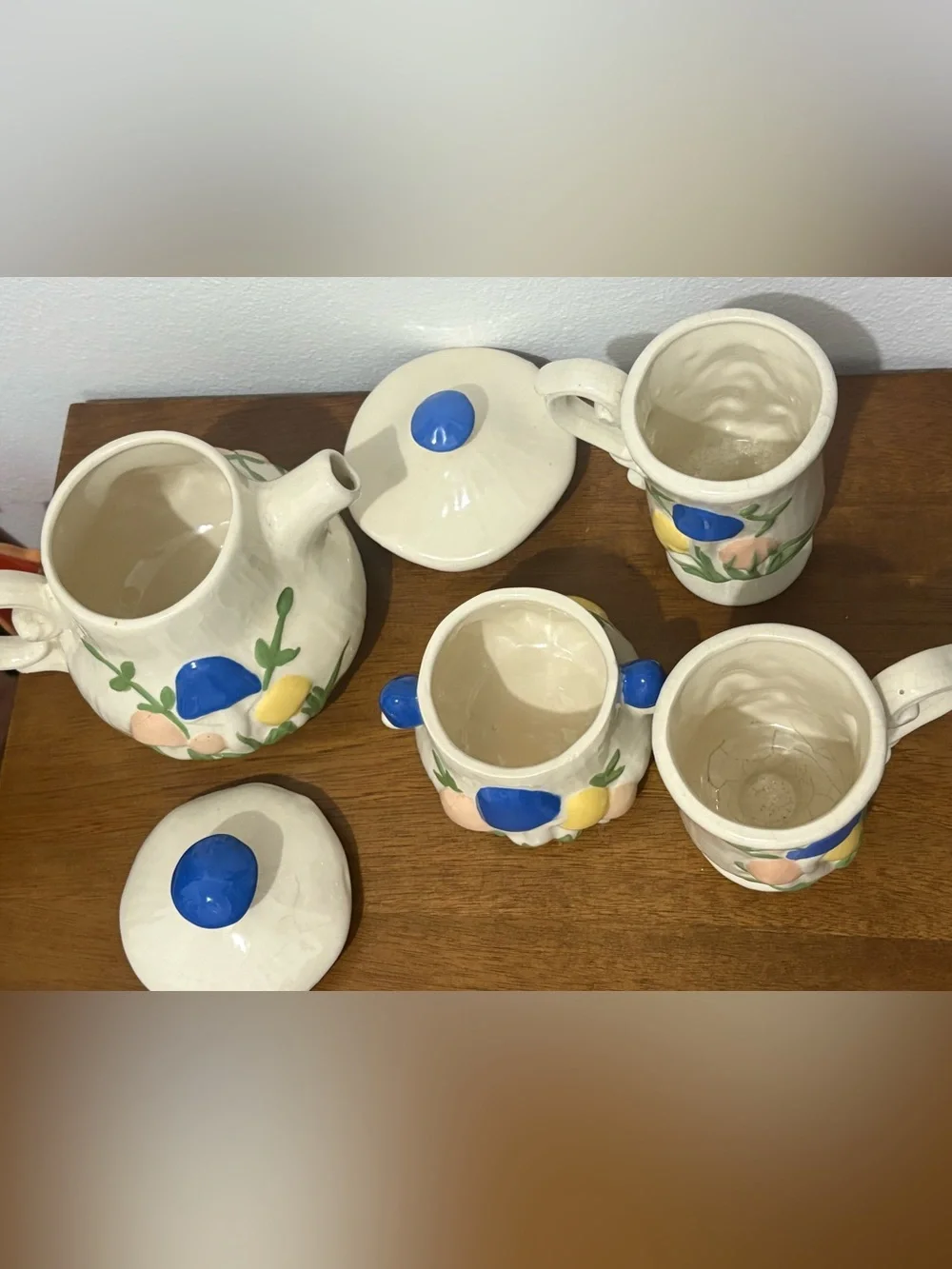 Vintage Arnels Colorful Mushroom Hand Painted Ceramic Tea Set and Mugs